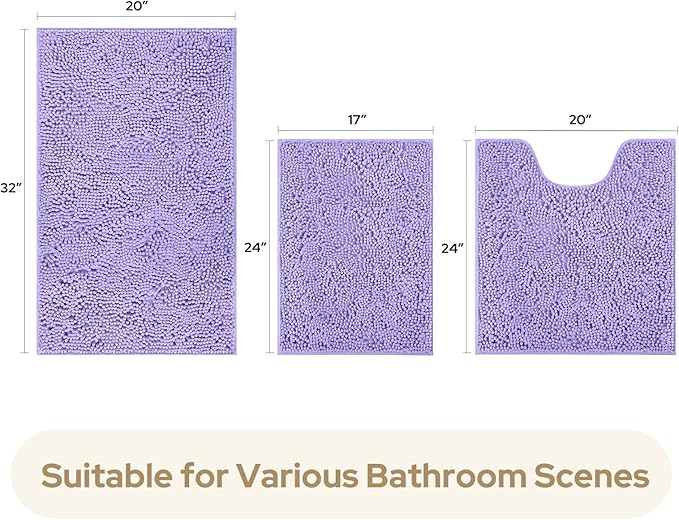 HOMEIDEAS 3 Pieces Bathroom Rugs, Ultra Soft Non Slip Absorbent Chenille Toilet Bath Mat Set (Lavender)