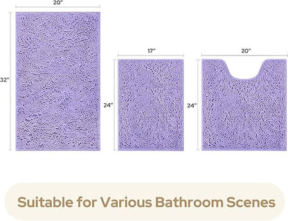 HOMEIDEAS 3 Pieces Bathroom Rugs, Ultra Soft Non Slip Absorbent Chenille Toilet Bath Mat Set (Lavender)