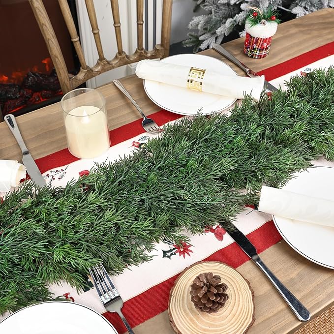 9 FT Christmas Cedar Garland - Thick Real Touch Pine Garland - Realistic Cypress Garlands Christmas Decorations for Mantel Table Stairs Porch - Outdoor Indoor Xmas Holiday Decor