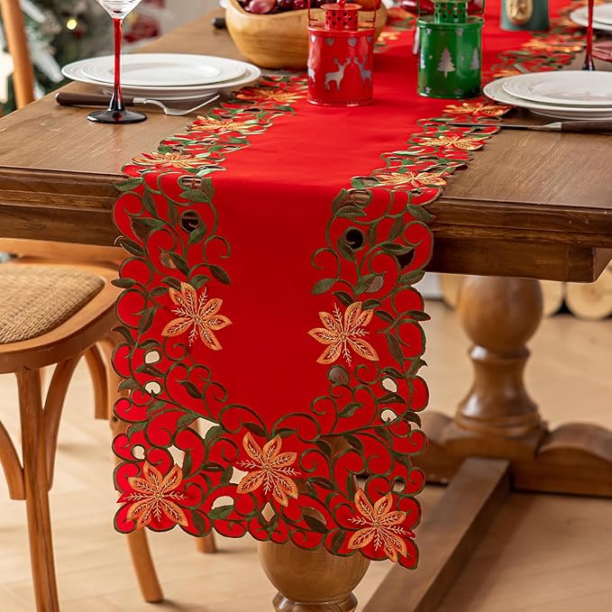 Joyfol Day Christmas Red Flowers Table Runner 14 x 33 Inch, Cutwork Embroidered Florals Table Runners, for Xmas Holiday Winter Festival Kitchen Dining Tabletop Decoration