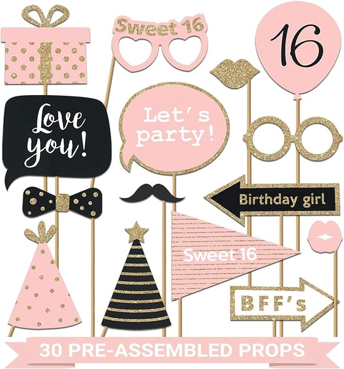 Fully Assembled Sweet 16 Birthday Photo Booth Props - Set of 30 - Pink & Gold Selfie Signs - 16th Party Supplies & Decorations - Cute 16th Bday Designs with Real Glitter - Did We Mention No DIY