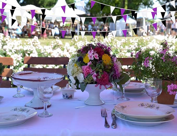 100 Feet 60 Pcs Purple White and Black Pennant Banner Flag String Hanging Triangle DIY Flag, Bunting Streamers Decoration for Grand Opening, Birthday, Wedding Celebration (Purple White & Black)