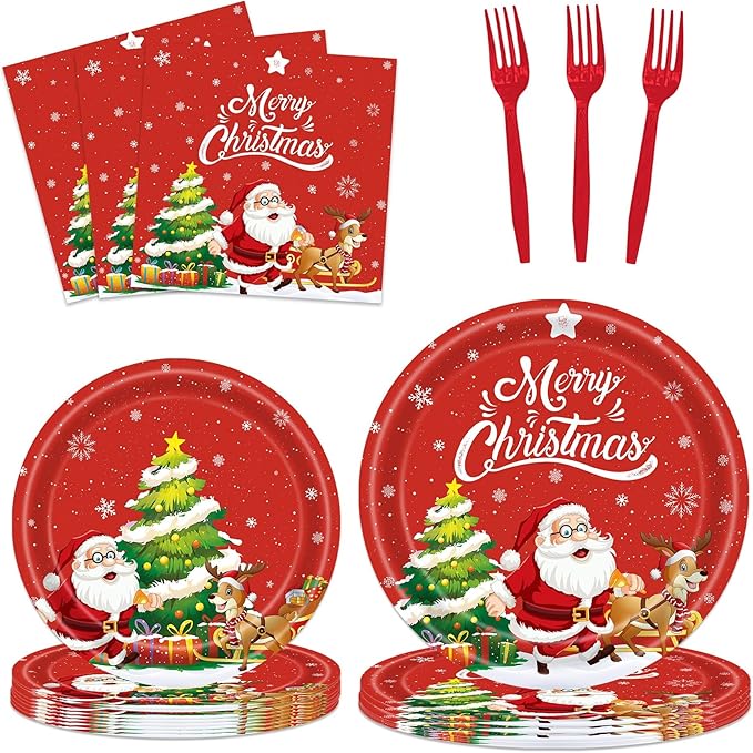 80PCS Christmas Plates and Napkins, Cartoon Santa Claus Snowman Christmas Disposable Dinnerware Set Party Supplies, Serves 20 (Green)