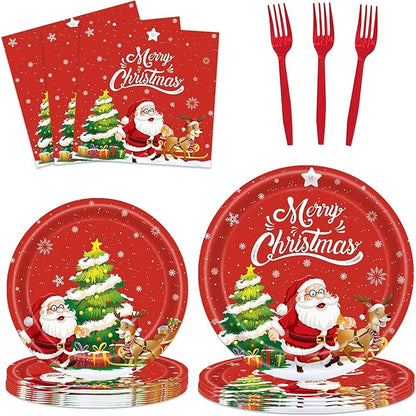 80PCS Christmas Plates and Napkins, Cartoon Santa Claus Snowman Christmas Disposable Dinnerware Set Party Supplies, Serves 20 (Green)