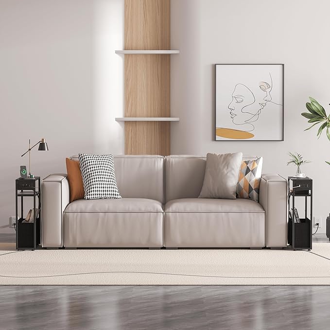 Narrow Side Table with Charging Station, Slim End Tables with Linen Basket, Skinny Table for Small Spaces, Thin Bedside Table for Living Room, Bedroom
