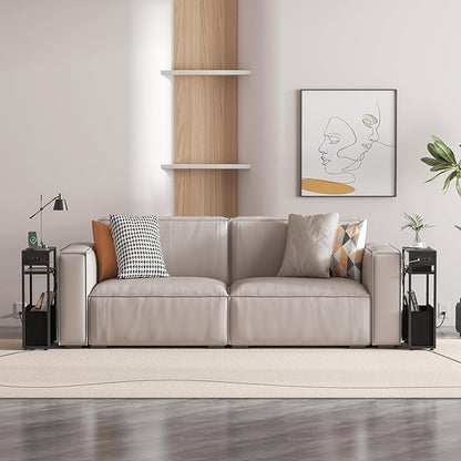 Narrow Side Table with Charging Station, Slim End Tables with Linen Basket, Skinny Table for Small Spaces, Thin Bedside Table for Living Room, Bedroom