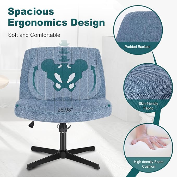 OLIXIS Criss Cross Chairs Legged Armless No Wheels Wide Seat Height Adjustable Swivel Rolling Padded Fabric Home Office Desk Seating for Bedroom, Student, Study Room