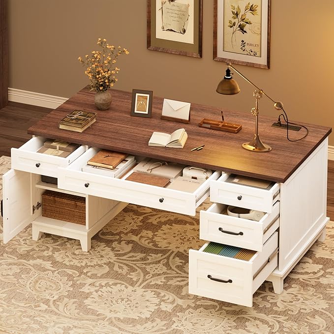 GarveeHome Executive Desk with File Drawers, Farmhouse Home Office Desk with Charging Station, 60 in Wooden Computer Desk with Cabinet Storage for Work Study Writing, White Walunt