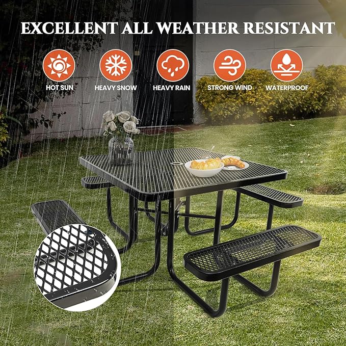 47'' Heavy-Duty Metal Picnic Tables with Umbrella Hole, Outdoor Steel Heavy Duty Commercial Grade Black Table, Outdoor Bench Set for Lawn, Patio, Park, Yard, Garden, Porch (Set A, Square)