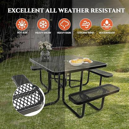 47'' Heavy-Duty Metal Picnic Tables with Umbrella Hole, Outdoor Steel Heavy Duty Commercial Grade Black Table, Outdoor Bench Set for Lawn, Patio, Park, Yard, Garden, Porch (Set A, Square)