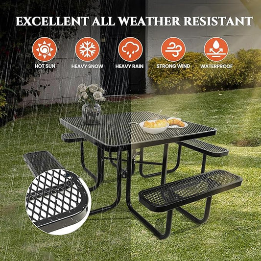 47'' Heavy-Duty Metal Picnic Tables with Umbrella Hole, Outdoor Steel Heavy Duty Commercial Grade Black Table, Outdoor Bench Set for Lawn, Patio, Park, Yard, Garden, Porch (Set A, Square)