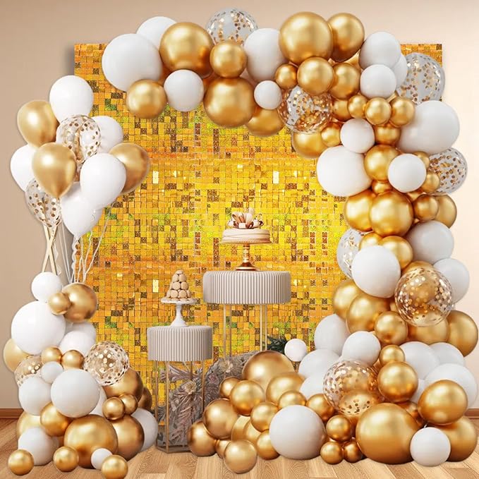 48 PCS Gold Shimmer Wall Backdrop, Laser Square Sequin Photo Backdrops Panel, Glitter Wall Background for Birthdays, Weddings, Halloween, Engagements, Disco Bachelorette Party Decoration (6FTx8FT)