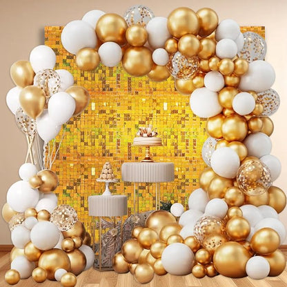 48 PCS Gold Shimmer Wall Backdrop, Laser Square Sequin Photo Backdrops Panel, Glitter Wall Background for Birthdays, Weddings, Halloween, Engagements, Disco Bachelorette Party Decoration (6FTx8FT)