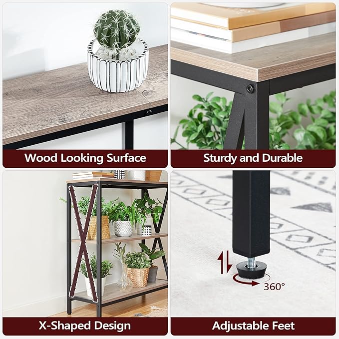 Sofa Table, Industrial Console Table, 3-Tier Narrow Side Table with Open Shelves, Foyer Table for Entryway, Hallway, Kitchen, Living Room and Bedroom, Easy Assembly, Greige CTHG8001Z1