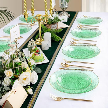 Rubtlamp 100 Clear Green Gold Plastic Plates, Hammered Clear and Gold Disposable Plates Include 50 Dessert Platos, 50 Dinner Platos for Party