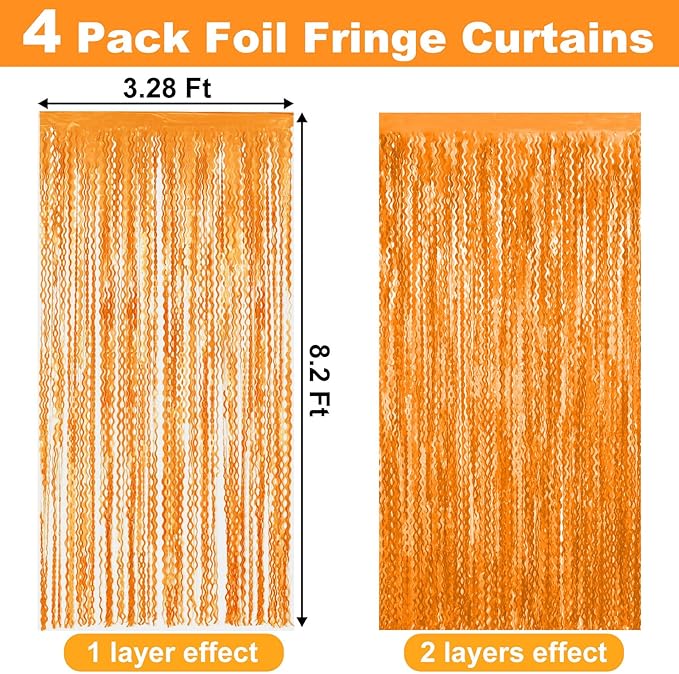 4 Pack Macaron Orange Fringe Curtain Backdrop 3.2Ft x 8.2Ft Metallic Tinsel Foil Fringe Streamers Background for Photo Booth Mother's Day, Easter, Carnival, Birthday, Wedding Party Decoration