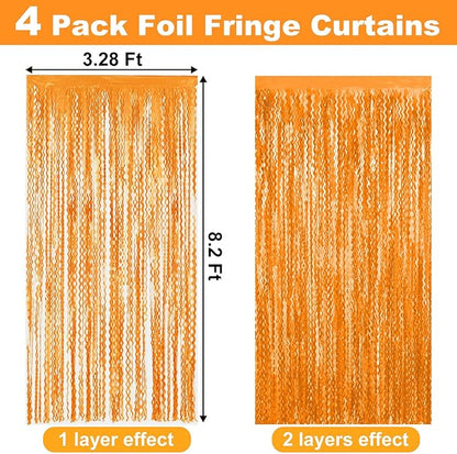 4 Pack Macaron Orange Fringe Curtain Backdrop 3.2Ft x 8.2Ft Metallic Tinsel Foil Fringe Streamers Background for Photo Booth Mother's Day, Easter, Carnival, Birthday, Wedding Party Decoration