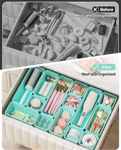 13 Pack Plastic Drawer Organizers Set, 3 Sizes Desk Drawer Organizer Trays for Vanity and Makeup Organizer, Organization and Storage for Makeup, Kitchen Utensils, Bathroom and Office(Blue)
