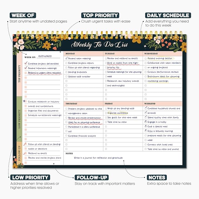 Taja Weekly To Do List Notepad with 52 Undated Sheets（8.5"×11"）- Weekly Desk Planner for Women & Man, Work and Home - 1 Pack Rustic Floral