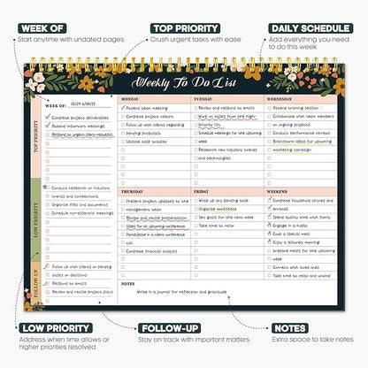 Taja Weekly To Do List Notepad with 52 Undated Sheets（8.5"×11"）- Weekly Desk Planner for Women & Man, Work and Home - 1 Pack Rustic Floral