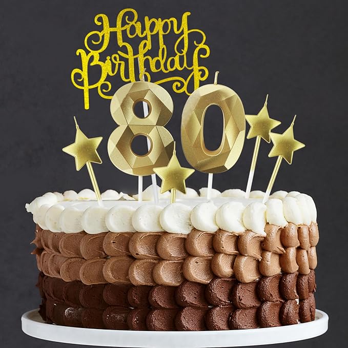Golden Number 80 Birthday Candles and Star Birthday Candles, 2.76 inch, 3D Diamond Shaped, Suitable for Birthday Parties and Anniversary Cake Decorations