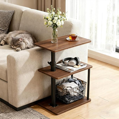 Swivel Side Table for Couch Arm, Adjustable C End Table for Recliner or Bed, Tv Trays with Storage Shelf for Small Spaces Small Nightstand Table for Living Room, Bedroom，Walnut 2pc