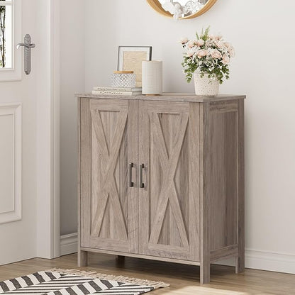 Farmhouse Shoe Cabinet with 2 Barn Doors & Wood Legs, 5-Tier Shoe Storage Cabinet with 3 Adjustable Shelves, Tall Shoe Rack Organizer for Closet, Shoe Organizer for Entryway, Hallway, Greige