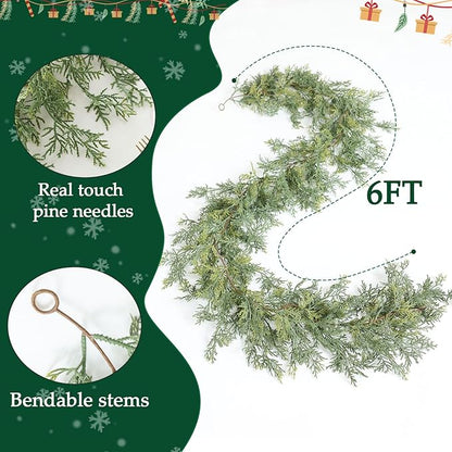 MIZII Christmas Garlands 6 Feet Artificial Pine Garland Real Touch Green Pines Vine Faux Greenery Garland Christmas Decorations for Xmas Fireplace Mantle Home Decor Indoor Outdoor (Green Pine)