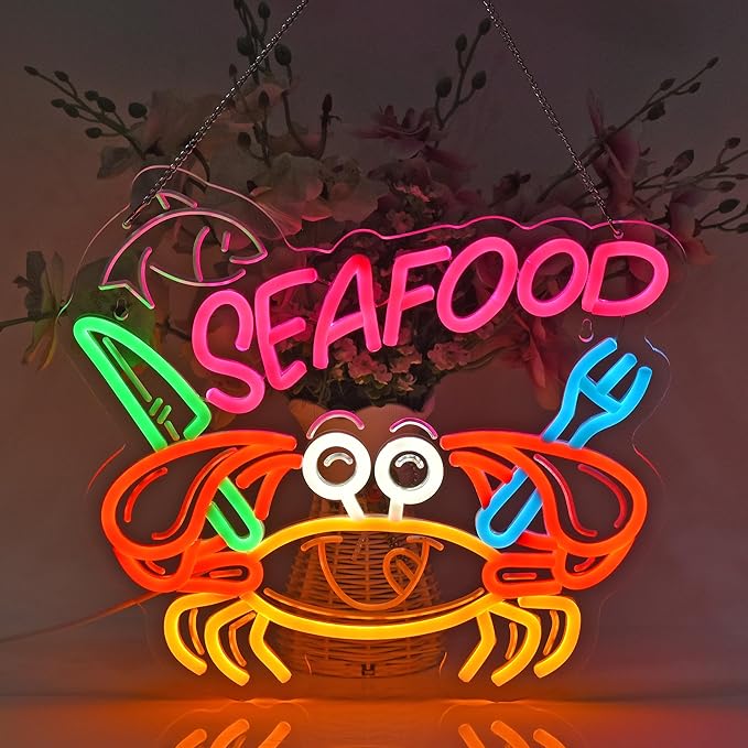 Seafood Neon Sign, Neon Lights Hanging Wall Art Decoration for Restaurant Shop Market Mall Grocery Bar Celebration Home Decor, USB Powered Ultra Bright Dimmable, 14.96 * 12.6inches