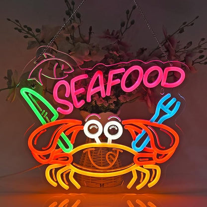 Seafood Neon Sign, Neon Lights Hanging Wall Art Decoration for Restaurant Shop Market Mall Grocery Bar Celebration Home Decor, USB Powered Ultra Bright Dimmable, 14.96 * 12.6inches