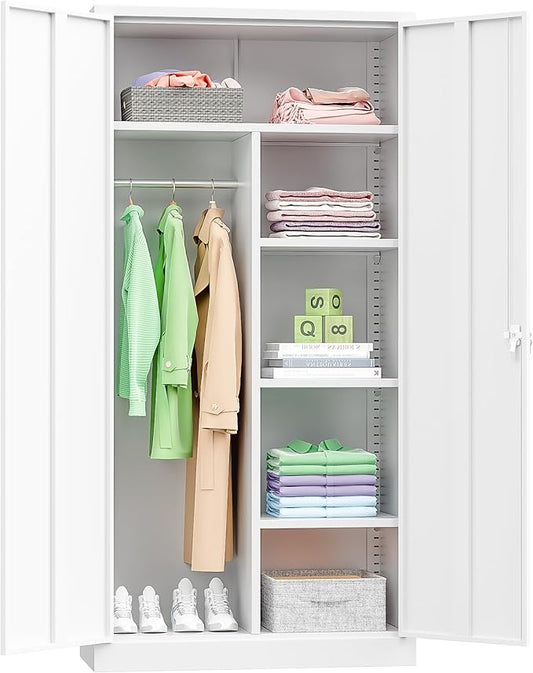 INTERGREAT Metal Wardrobe Closet, 71" White Locking Storage Wardrobe Cabinet with Doors and Shelves, Tall Steel Clothes Storage for Office, Home, School, Gym