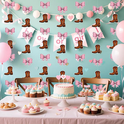 12 Pcs Hanging Boots or Bows Gender Reveal Decorations Boots and Bows Gender Reveal Confetti Western Theme Garland Brown and Pink for Cowboy Cowgirl Baby Shower Parties