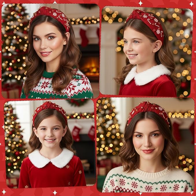PANTIDE Christmas Jeweled Knotted Headband - Xmas Candy Cane Lollipop Rhinestone Crystal Embellished Headband Wide Top Knot Fashion Glitter Hairband Hair Accessories Birthday Gift for Women Girl (Red)