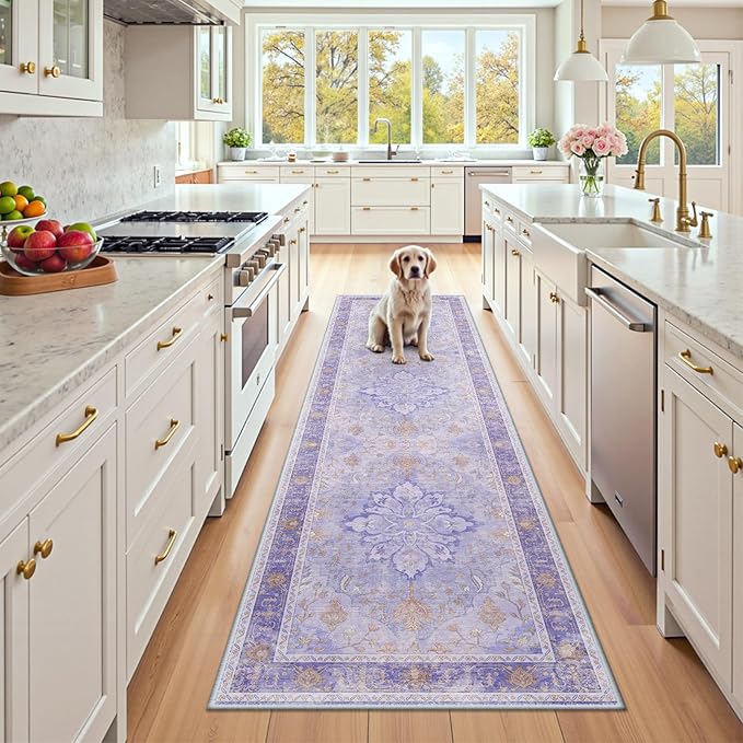 Area Rugs 2'x8' Runner Rug Non Slip Washable for Kitchen Hallway Bedroom Beside Laundry Room Bathroom Rug, Floor Carpet, Light Purple Brown
