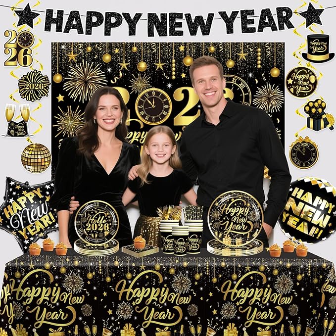 New Years Decorations 2026, New Years Eve Party Banner Backdrop, Foil Balloons, Hanging Swirls, Happy New Year Plates and Napkins Gold and Black Nye Party Decorations New Year's Eve Party Supplies