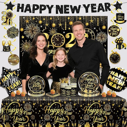 New Years Decorations 2026, New Years Eve Party Banner Backdrop, Foil Balloons, Hanging Swirls, Happy New Year Plates and Napkins Gold and Black Nye Party Decorations New Year's Eve Party Supplies