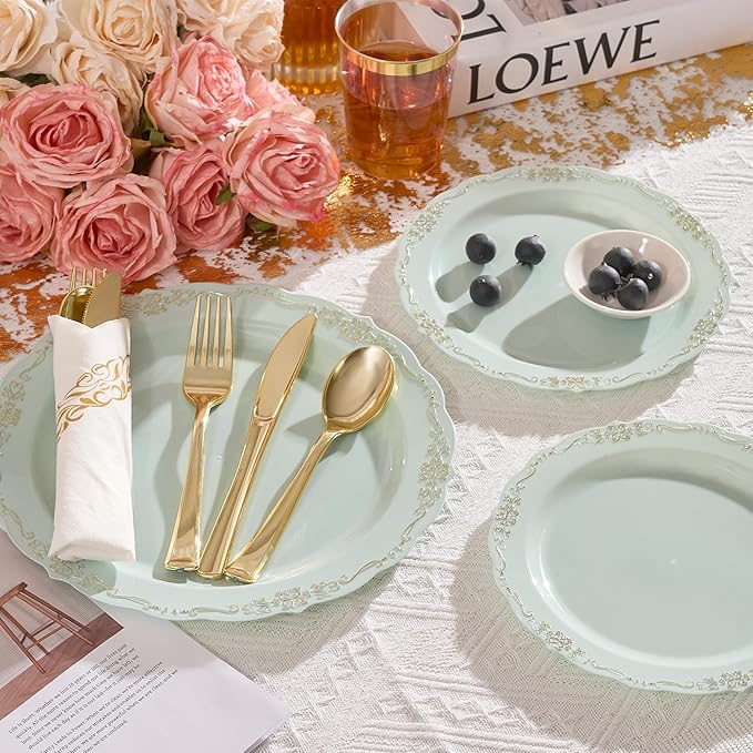 350 PCS Green Disposable Plates, Elegant Dinnerware Set for 50 Guests, 100 Plastic Plates, 150 Silverware, 50 Cups & 50 Paper Napkins, Green
