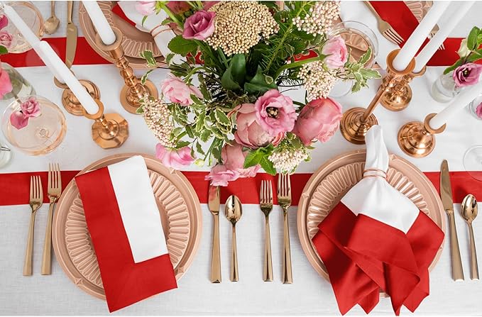 Solino Home Linen Table Runner 108 Inches Long - Red and White 100% Pure Linen 14 x 108 Inch Table Runner for Dining, Christmas, Holiday, Winter, New Year - Contempo