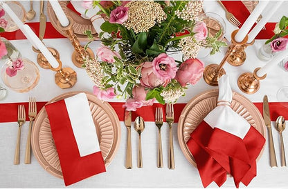Solino Home Linen Table Runner 108 Inches Long - Red and White 100% Pure Linen 14 x 108 Inch Table Runner for Dining, Christmas, Holiday, Winter, New Year - Contempo