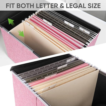 BALEINE File Organizer Box with Lid, Collapsible File Folder Organizer with Plastic Slide, Hanging File Folder Box for Office Document Storage (1 Pack, Pink)