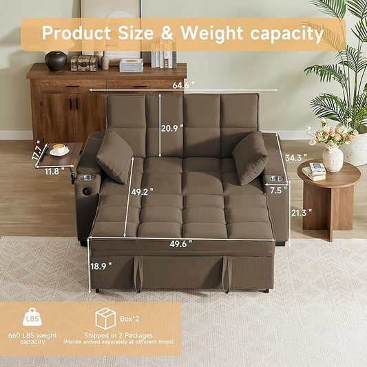 66" Multi-Functional Pull-Out Sofa Bed with Hidden Side Table, Storage Armrests, Built-in Charging Port, Spring Mattress, Solid Wood Frame – Ideal for Small Spaces, Easy Assembly