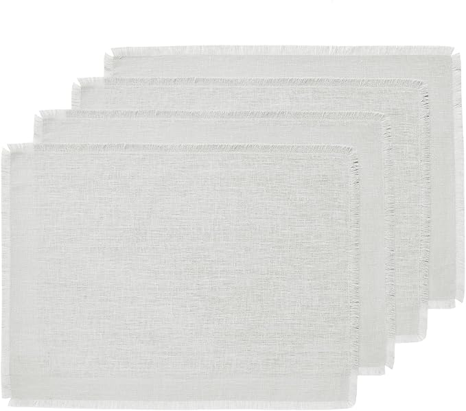 Solino Home Linen Light Grey Placemats Set of 4-100% Pure Linen Placemats 14 x 19 Inch for Fall, Autumn, Christmas, New Year - Fringe, Handcrafted and Machine Washable