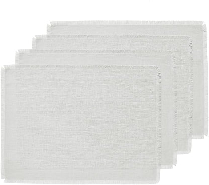 Solino Home Linen Light Grey Placemats Set of 4-100% Pure Linen Placemats 14 x 19 Inch for Fall, Autumn, Christmas, New Year - Fringe, Handcrafted and Machine Washable
