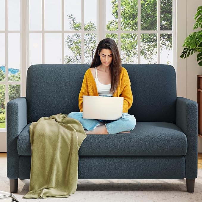 Loveseat Sofa, 51" Love Seat, Comfy Teddy Small Loveseat for Small Spaces, Tool-Free Setup Sofa Couch for Bedroom, All-Wood Couches for Living Room, No Pillow Included, Blue Grey