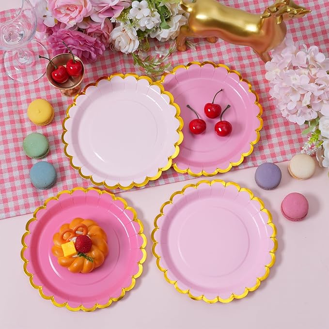 Pink & gold mix scalloped party plates with napkins and fork gold foil border, 24 Guest Pink disposable Tableware Set Party Decoration for Birthday Coquette Bridal Baby Shower Valentines