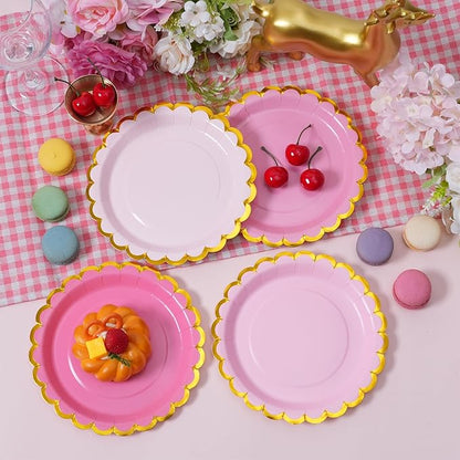 Pink & gold mix scalloped party plates with napkins and fork gold foil border, 24 Guest Pink disposable Tableware Set Party Decoration for Birthday Coquette Bridal Baby Shower Valentines