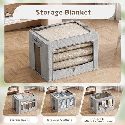 FHSQX 3 Pack Clothes Storage Bins Foldable Metal Frame Storage Box Stackable Linen Fabric Organizer Set with Carrying Handles and Clear Window (Light Gray, 15.7x11.8x11.8inch(36L))
