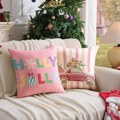 Pink Christmas Decorations Pillow Covers 18x18 Set of 4 Christmas Throw Pillow Covers, Holly Jolly FA La La Xmas Winter Holiday Linen Cushion Case for Home Sofa Couch Bed Chair Decor