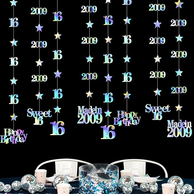 12PCS Iridescent 16th Birthday Decorations Number 16 and 2009 Star Garland Hanging Streamer Banner Backdrop for Girls Boys Cheers to 16 Years Birthday Made in 2009 Sweet Sixteen Party Decor Supplies