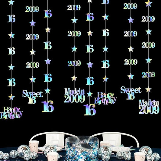 12PCS Iridescent 16th Birthday Decorations Number 16 and 2009 Star Garland Hanging Streamer Banner Backdrop for Girls Boys Cheers to 16 Years Birthday Made in 2009 Sweet Sixteen Party Decor Supplies
